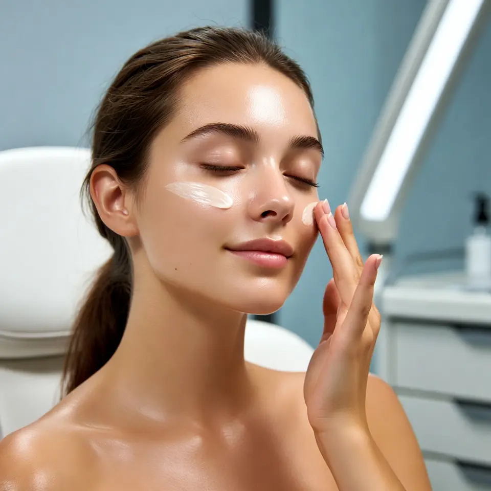 Paciente aplicándose bloqueador solar después de un procedimiento estético facial para proteger su piel y potenciar los resultados.