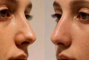 Comparativa estética de perfil nasal mostrando la diferencia entre una nariz respingada natural y una sobre-rotada.